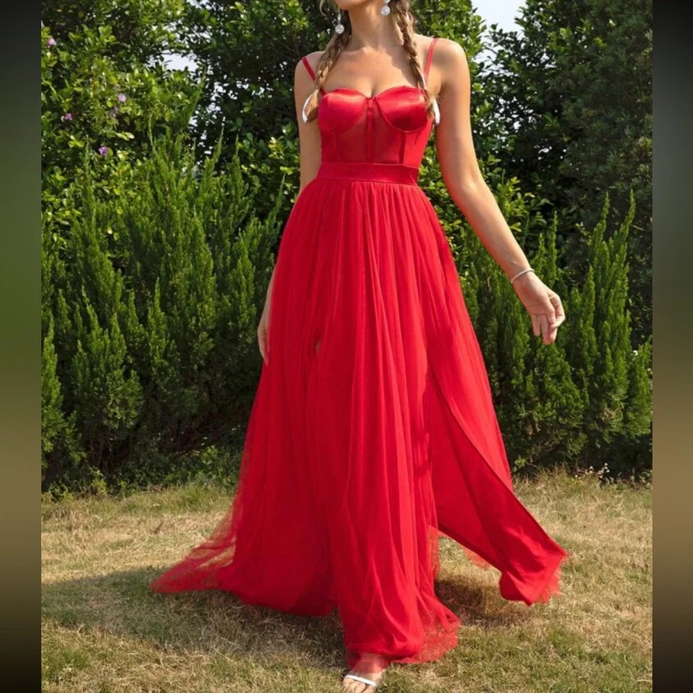 Luxe mesh satin party formal dress - Picture 1 of 6
